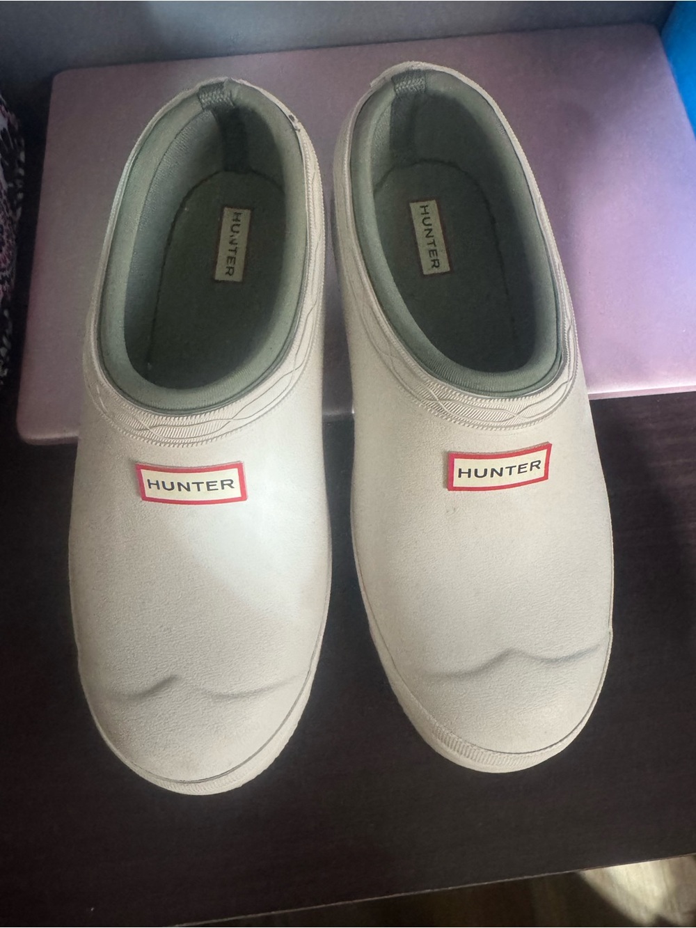 Hunter Beige Slip-On Waterproof Clogs with Olive Trim